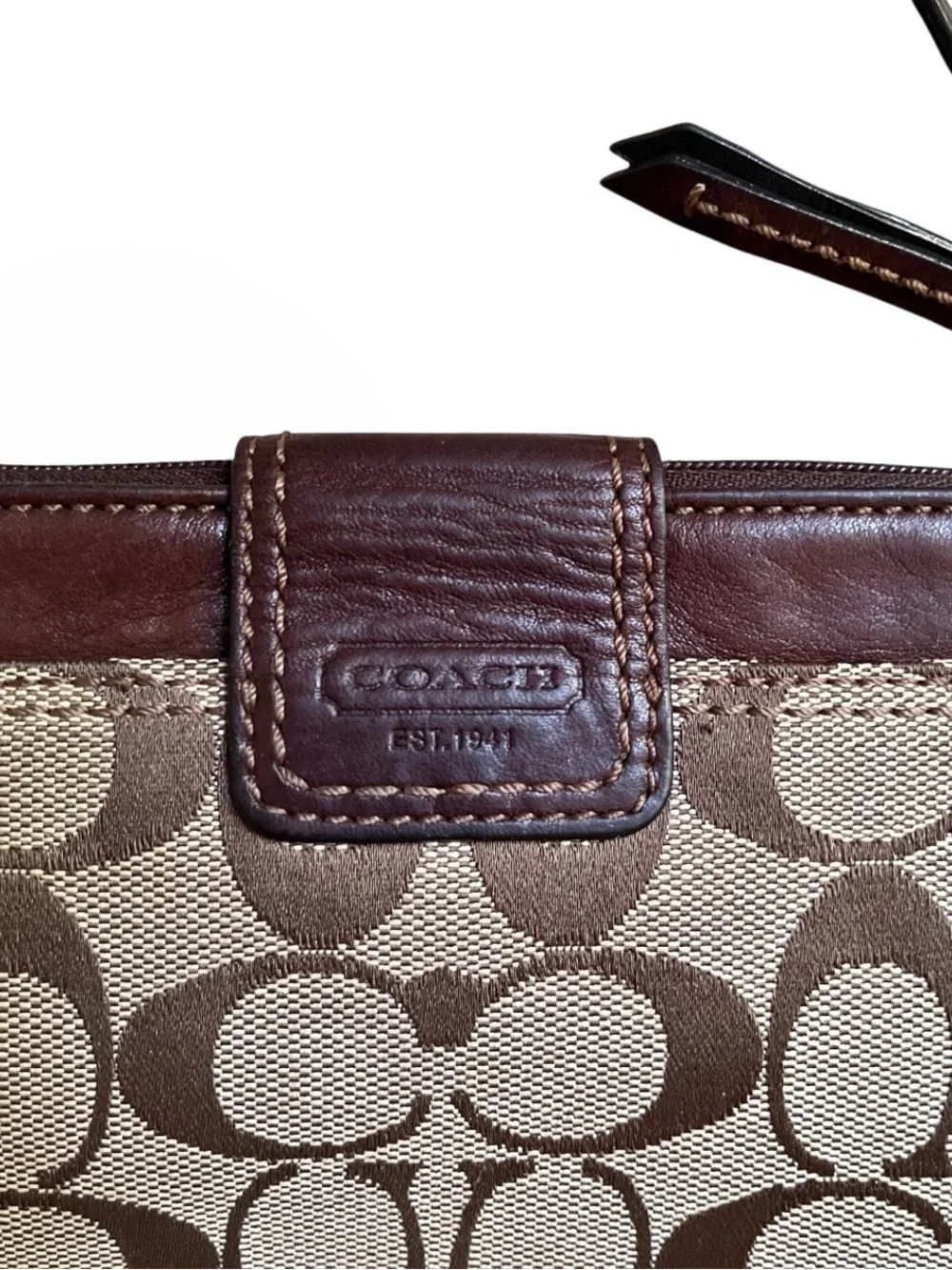 Vintage Coach Signature Brown/Tan Canvas and Leather Turnlock Pouchette Wristlet